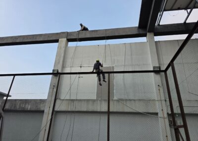 Two rope access technicians descending an exterior wall on ropes anchored at roof level to replace damaged cement board panels