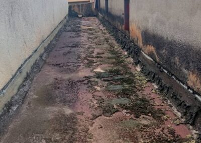 Concrete gutter channel before treatment, showing heavy moss, algae growth and rust staining along its full length