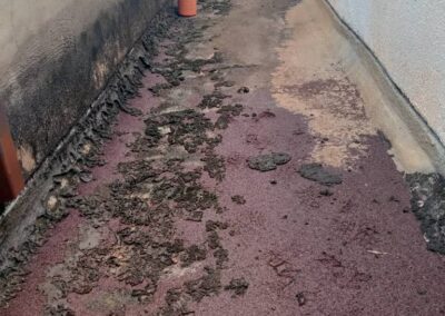 Ground-level concrete drainage channel with severely flaking waterproof coating exposing bare concrete